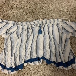 Blue striped off shoulder top w/ tassle